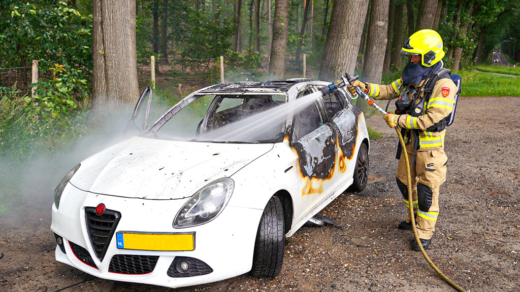 Auto brandt volledig uit op parkeerplaats bij het bos Foto: Studio Rheden
