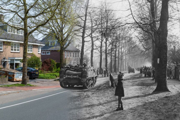 Bevrijding Velp en Rozendaal 16 april 1945. Canadezen rijden over de Ringallee richting Rheden. Foto: Marc Pluim