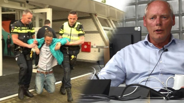 De laatste activist werd vorige maand door de politie naar buiten gedragen. Inzet: voorzitter Jan van Iersel. Foto: Beeldbewerking Omroep Gelderland
