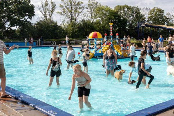 Hondenplons in openlucht zwembad de Hangmat in Rheden Foto: Rob de Lelij