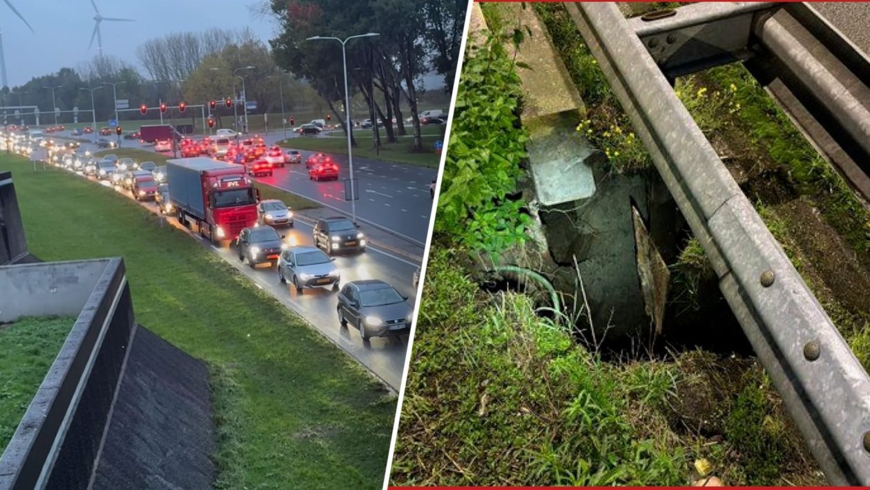 Drukte op de weg en (rechts) het sinkhole op de A12. Foto: Omroep Gelderland