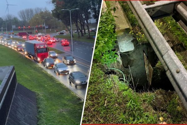 Drukte op de weg en (rechts) het sinkhole op de A12. Foto: Omroep Gelderland