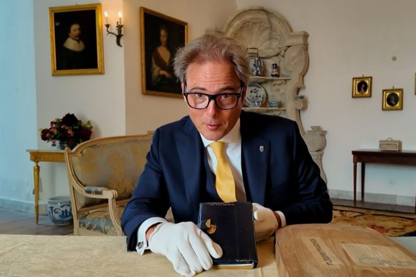 Ridder Bas met het reisverslag van Hugh Hope baron van Pallandt Foto: Omroep Gelderland