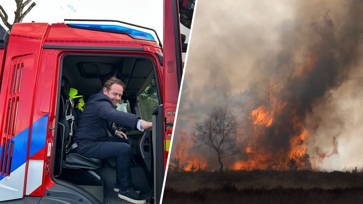 Minister David van Weel bij de natuurbrandoefening. Foto: Omroep Gelderland