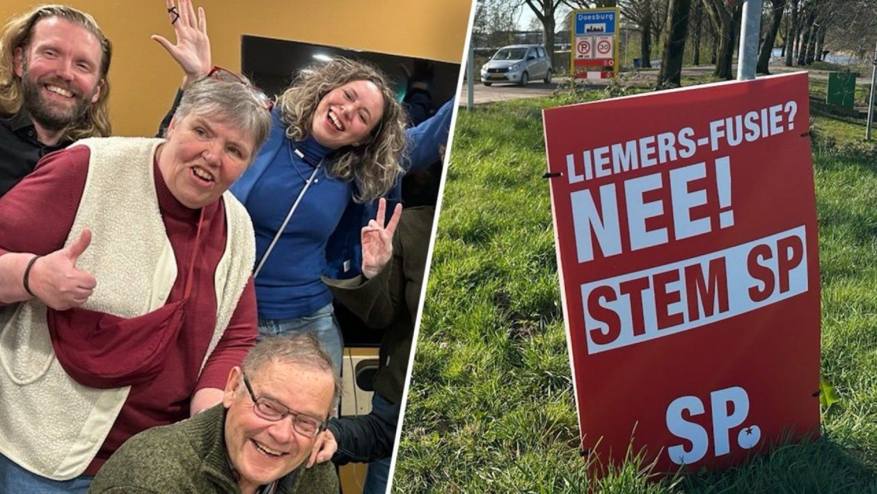 Leden van GroenLinks/PvdA tijdens de eerste uitslag. Rechts: het SP-verkiezingsbord. Foto: Omroep Gelderland