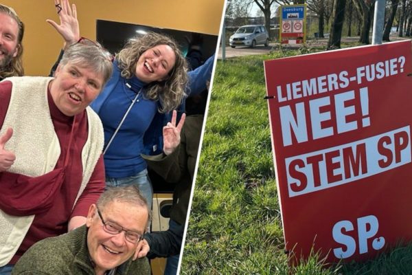 Leden van GroenLinks/PvdA tijdens de eerste uitslag. Rechts: het SP-verkiezingsbord. Foto: Omroep Gelderland