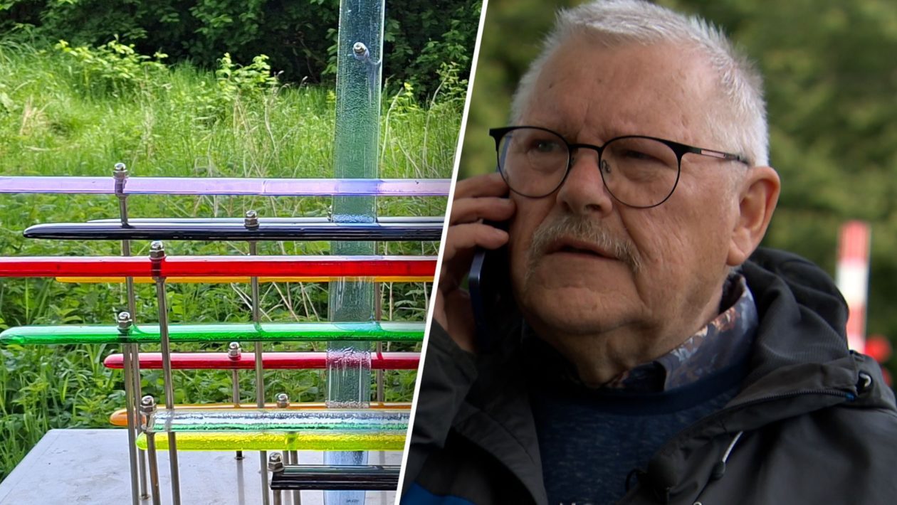 Het vernielde oorlogsmonument en voorzitter Theo Hennekes van de Avondvierdaagse Dieren. Foto: Omroep Gelderland
