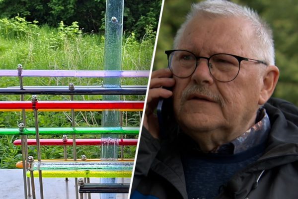 Het vernielde oorlogsmonument en voorzitter Theo Hennekes van de Avondvierdaagse Dieren. Foto: Omroep Gelderland