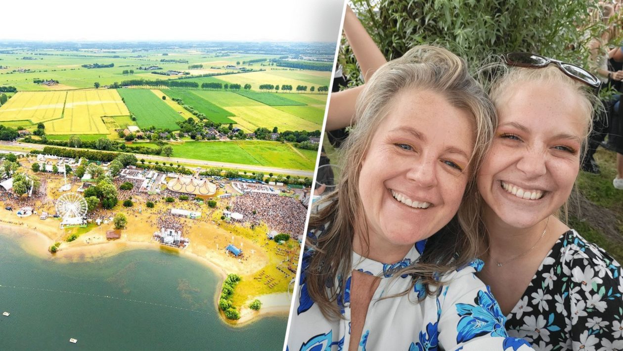 Links het festivalterrein. Rechts: Debbie en haar dochter. Foto: Links: Dreamfields. Rechts: Omroep Gelderland.