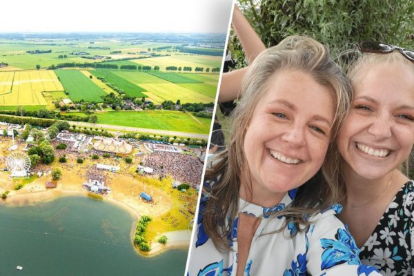 Links het festivalterrein. Rechts: Debbie en haar dochter. Foto: Links: Dreamfields. Rechts: Omroep Gelderland.