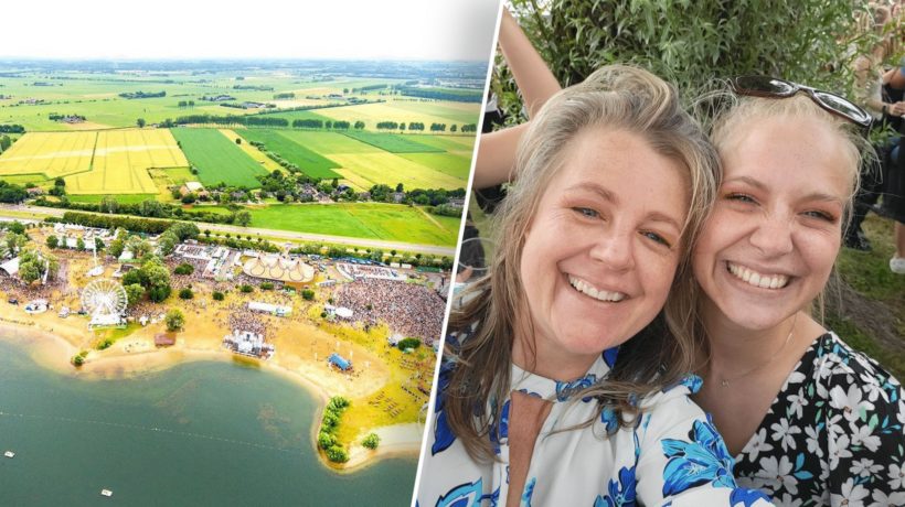 Links het festivalterrein. Rechts: Debbie en haar dochter. Foto: Links: Dreamfields. Rechts: Omroep Gelderland.