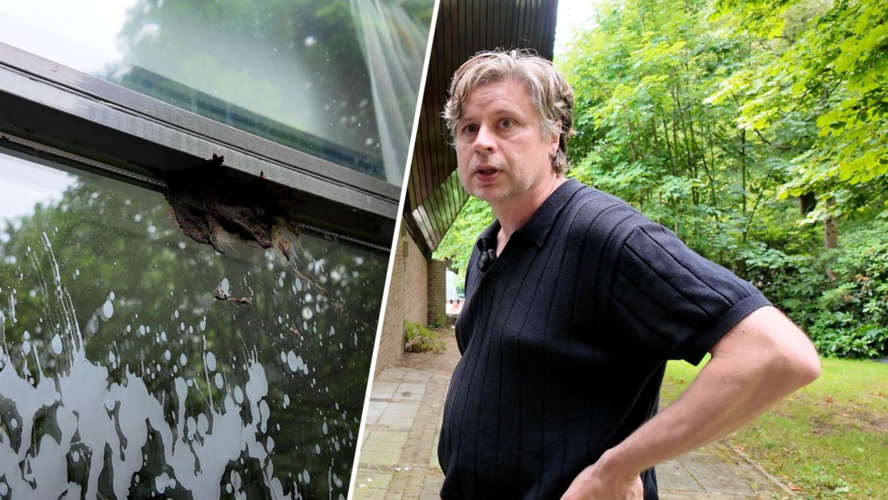 Directeur Doeko Pinxt (rechts) van bibliotheek de Zoomerij treft zijn ramen bekogeld met eieren aan. Foto: Omroep Gelderland