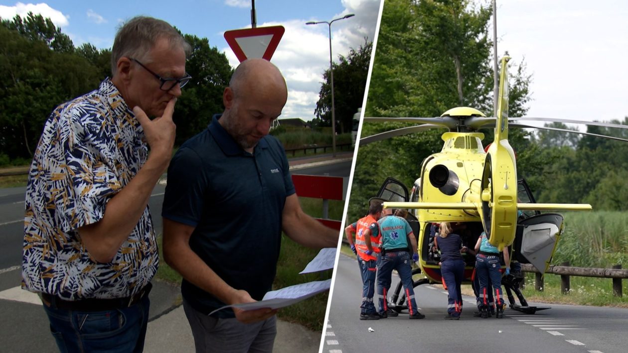 Theo Elijzen en Jeroen Engelsman van Tracé1Plus (links) en een traumahelikopter bij een van de ongevallen (rechts). Foto: Omroep Gelderland
