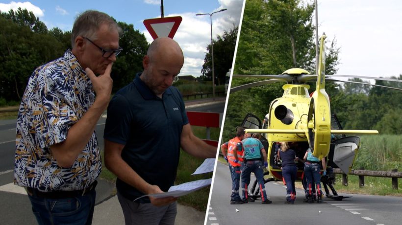 Theo Elijzen en Jeroen Engelsman van Tracé1Plus (links) en een traumahelikopter bij een van de ongevallen (rechts). Foto: Omroep Gelderland